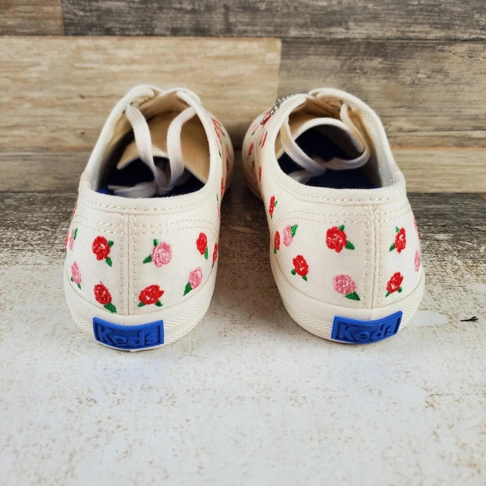 Keds Champion Womens Shoes Sz 5 M Off White Canvas Rose Embroidery Sneakers